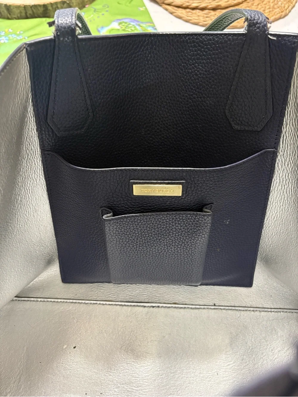 Tory Burch navy Pebbled Leather Tote with Logo Medallion  17x11” bottom is 6”